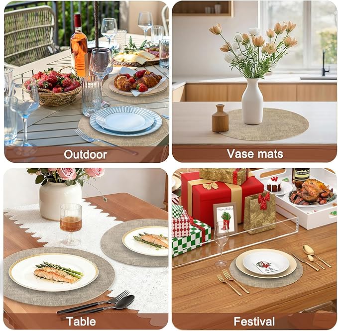 Round Faux Leather Placemats and Coasters, Set of 6, Reversible Heat Resistant Non-Slip Table Mats, Waterproof Wipeable Place Mats for Dining Table, Washable for Indoor & Outdoor (6, Light Brown)