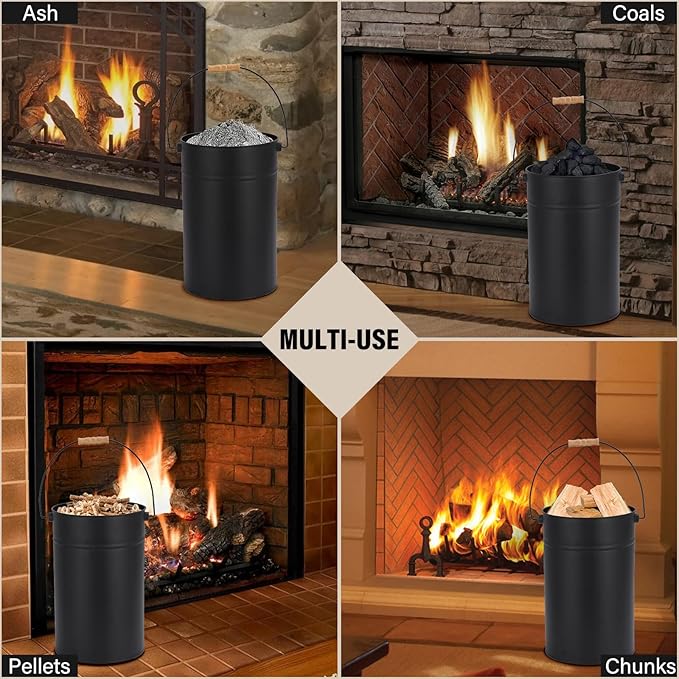 FEED GARDEN 5.15 Gallon Ash Bucket with Lid,Shovel,Broom Ash Can for Fireplace Fire Pits,Wood Stoves,Fireplace Galvanized Iron Bucket,Pellet Charcoal Bucket,Indoor Outdoor，Black