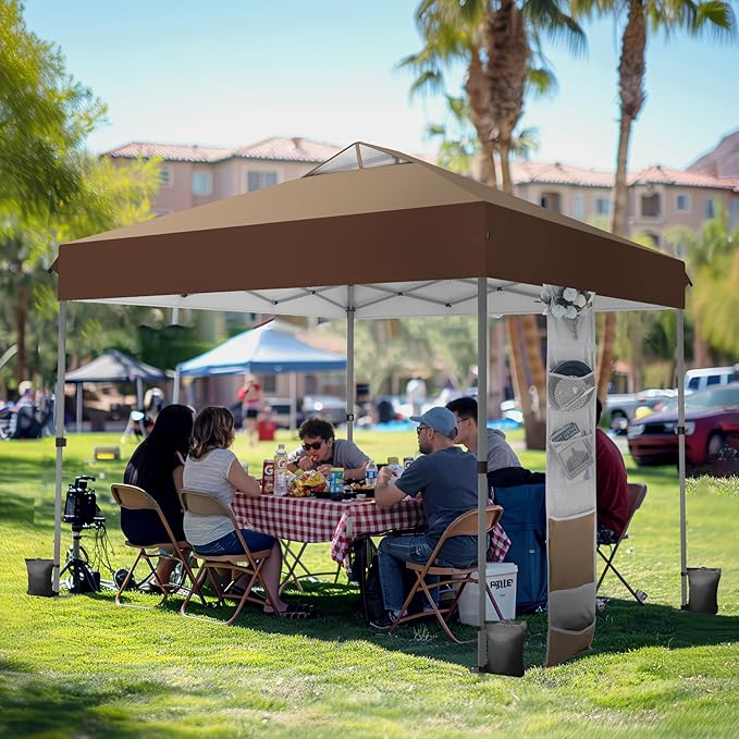 PHI VILLA 10x10ft 1-Person Setup Pop Up Canopy Tent Instant Portable Shelter w/ 1-Button Push, Case, 4 Weight Bags - Dark & Light Brown