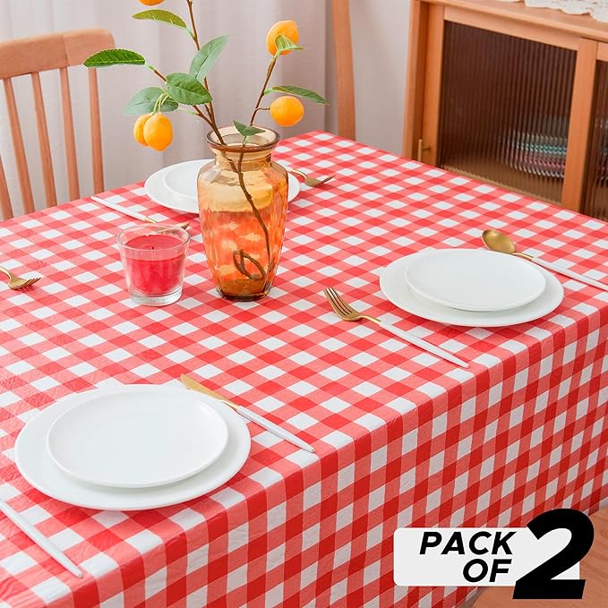 Nasitos 2 Pack Vinyl Picnic Table Cover 60x84 Inch-Flannel Backed Rectangle Waterproof Tablecloth Checkered, Wipeable Plastic Table Cover Red and White for Dinner Party, Picnic, Outdoor