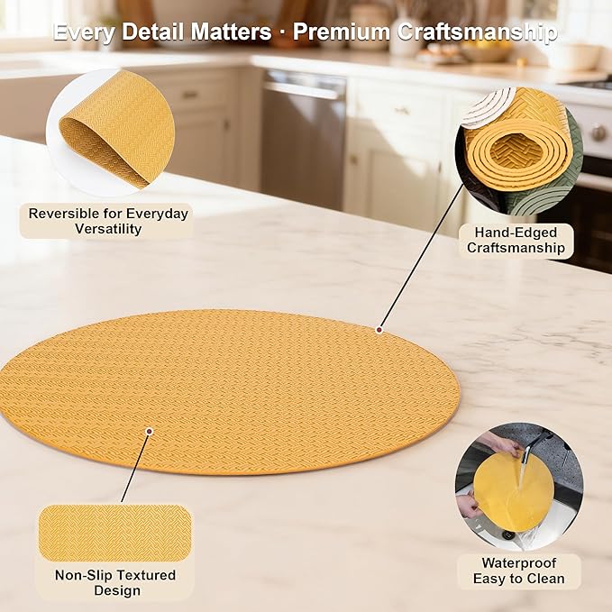 Round Faux Leather Placemats Set of 6 – 13 Inch Vinyl Mats, Heat Resistant, Non Slip, Wipeable & Washable, Easy to Clean Decor for Kitchen & Holiday Meals – Golden Yellow