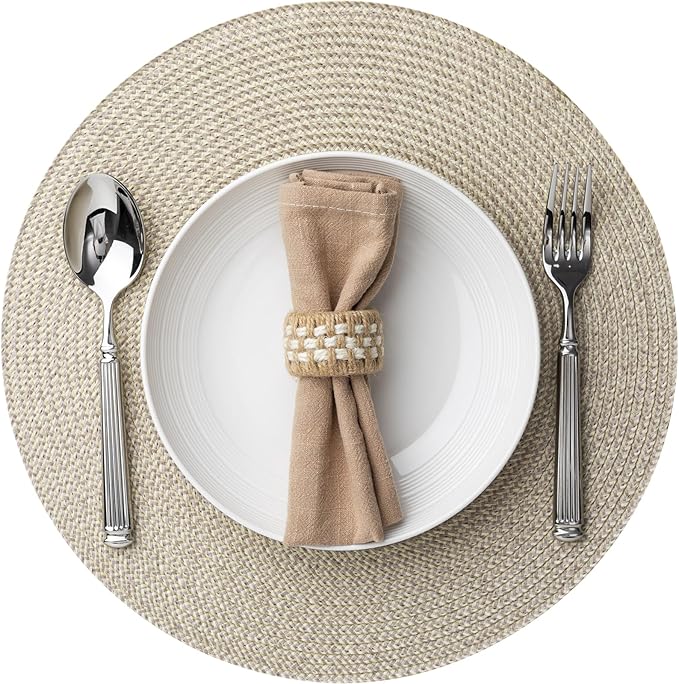 Round Placemats Set of 12 Plastic Woven Placemats Washable Wipeable Table Mats for Dining Table Heat Resistant Non-Slip Circle Place Mats (Beige-Brown)