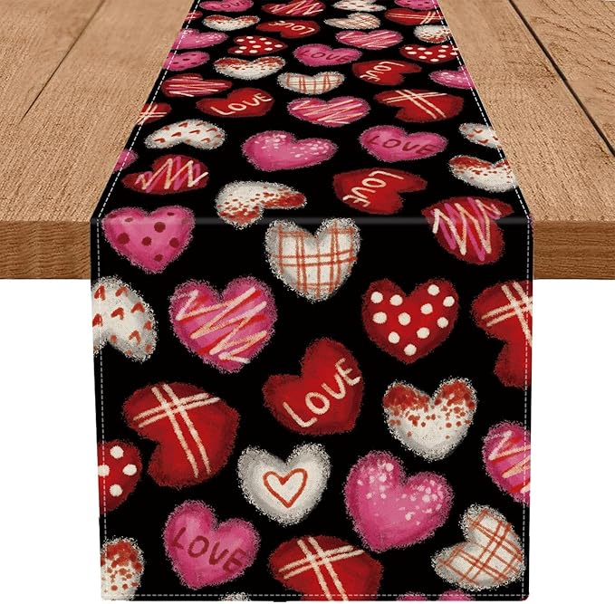 Valentines Day Decorations Table Runner Love Hearts Black Kitchen Dining Table Decor Holiday Anniversary Indoor Outdoor Party Suppies 108×13 Inch