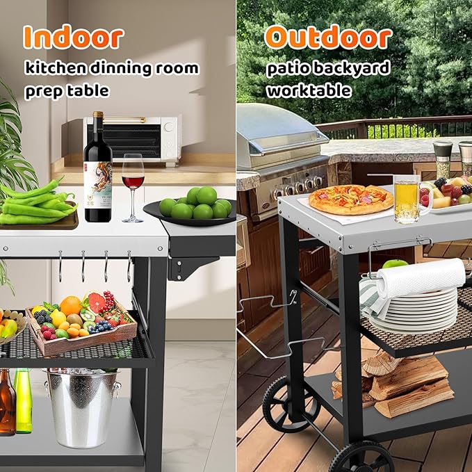 Outdoor Kitchen Island, Grill Table Cart with Drawer, Pizza Oven Stand, Movable 3-Shelf Prep Table with Side Table for Ninja Woodfire, Ooni Pizza Oven, Blackstone Griddle, Cuisinart, Barbecue tool set