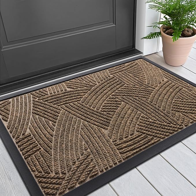 Smiry Front Door Mat Outside Entrance, Heavy Duty Sturdy Natural Rubber Doormat, Trap Dirt and Moisture, Easy Clean Low Profile Mats for Indoor Outdoor Entry, Interwoven Stripes (29.5x17, Brown)