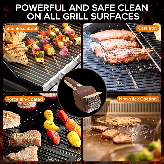 BBQ Grill Brush for Outdoor Grill, Cordless Electric Grill Cleaner, Rechargeable Grill Cleaning Stainless Steel Brush, Grill Scraper, BBQ Accessories Brown