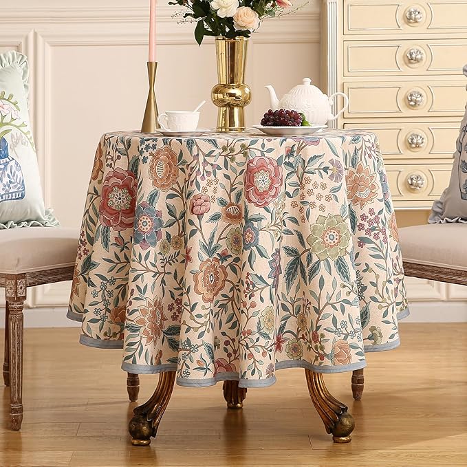 Designer Linen Small Round Tablecloth,Vintage William Morris Floral Table Cloth with Colorful Pattern,Decor Table Cover for Kitchen,Dining,Thanksgiving,Diameter 55"-Flowershadow a