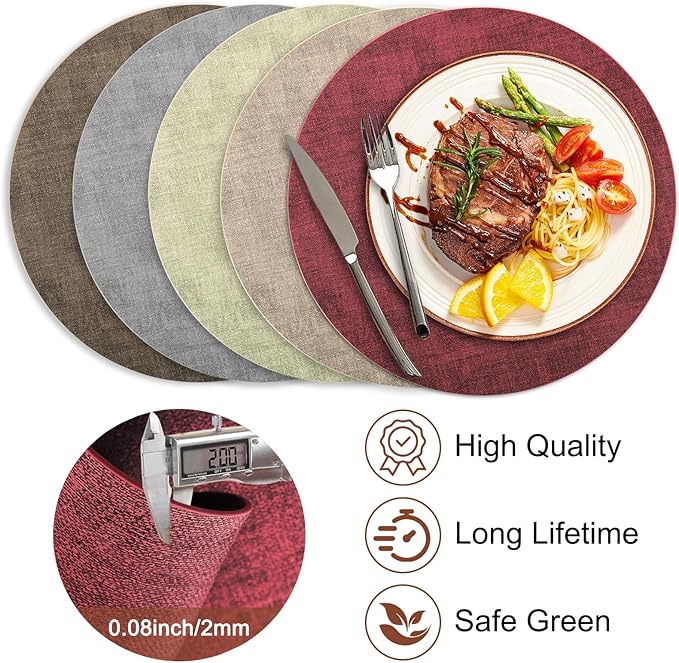 Round Faux Leather Placemats and Coasters, Set of 8, Reversible Heat Resistant Non-Slip Table Mats, Waterproof Wipeable Place Mats for Dining Table, Washable for Indoor & Outdoor (8, Red)