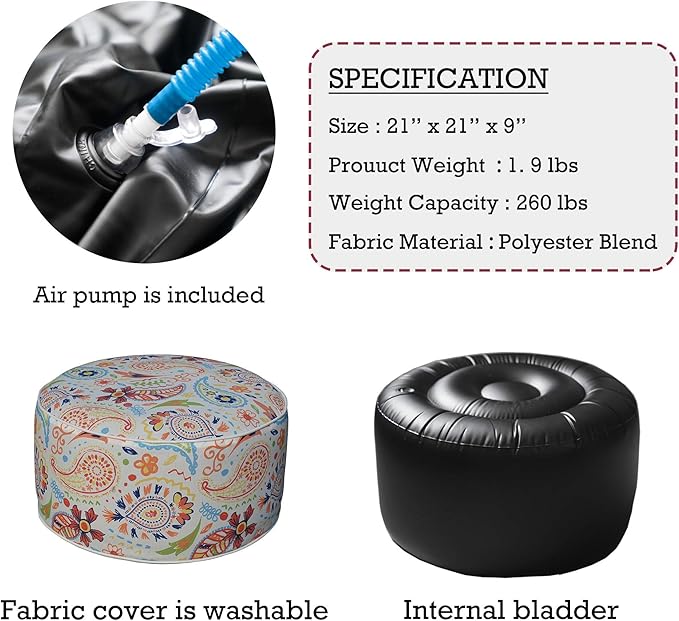 Kozyard Inflatable Ottoman Stool - Portable Round Pouf for Indoor/Outdoor Use - Perfect Small Foot Rest or Seating for Kids and Adults - Ideal for Camping or Home (Abstract Warm)