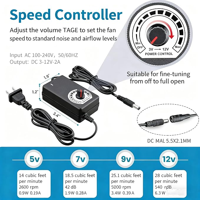 Martians BBQ Blower Fan - 97mm x 33mm - 12V with 110V – 240V AC Plug Variable Speed Controller for Outdoor Grilling, Camping Cooking Charcoal Starter – Efficient Fire Bellowing Tool