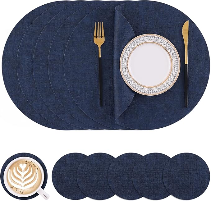 Homaxy Round Faux Leather Placemats and Coasters, Washable Dual-Side Table Mats, Wipeable Heat-Resistant Dining Place Mats for Outdoor and Indoor, Set of 6, Diameter 13 and 3.93 inch, Navy Blue