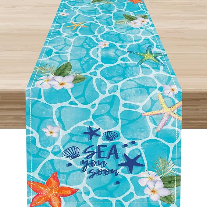 Summer Starfish Table Runner, Blue Sea Coastal Tropical Flower Beach Nautical Starfish Ocean Table Runner Seasonal Holiday Home Kitchen Dining Table for Home Party Decor 13"x36"