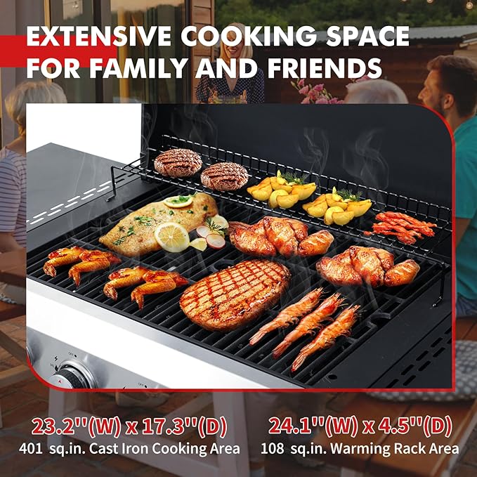 CIG GARDEN 4 Burner Propane Gas Grill, 42,000 BTU Output Flat Top BBQ Grill with Stainless Steel Griddle, Perfect for Outdoor Cooking, Balcony, Backyard, Camping, Barbecue