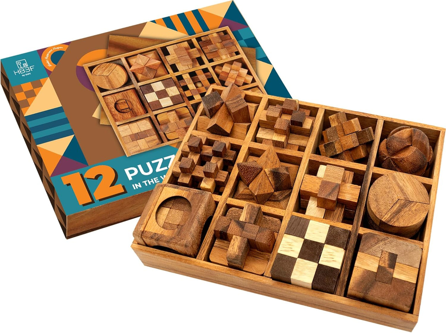 BSIRI Wooden Puzzle Box Set (12 Games) - Challenging Brain Teasers and 3D Puzzles for Adults, Interlocking Games for IQ Test, Ideal for Patio Decor and Unique Gift for Chistmas