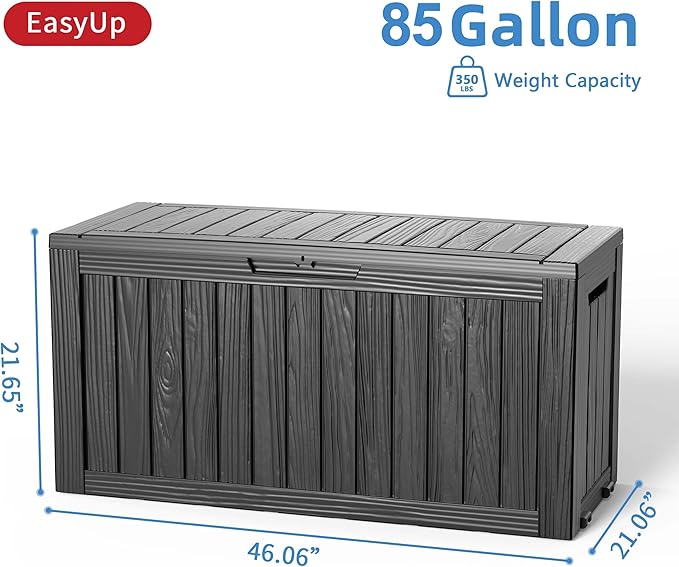 EasyUp 85 Gallon Outdoor Storage Box, Resin Waterproof UV-Resistant Deck Box, Reinforced Stability for Patio, Garden, and Poolside, Striped Black
