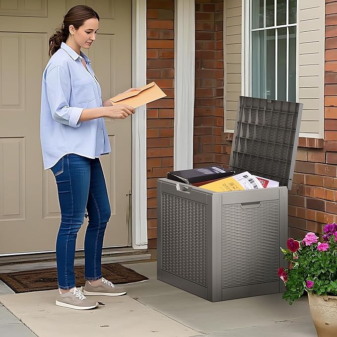 30 Gallon Outdoor Storage Deck Box Waterproof,Garden Tool,Backyard Cushion,Poolside Storage,Small Delivery Boxes for Outside,Lockable Lid,Rattan Grey