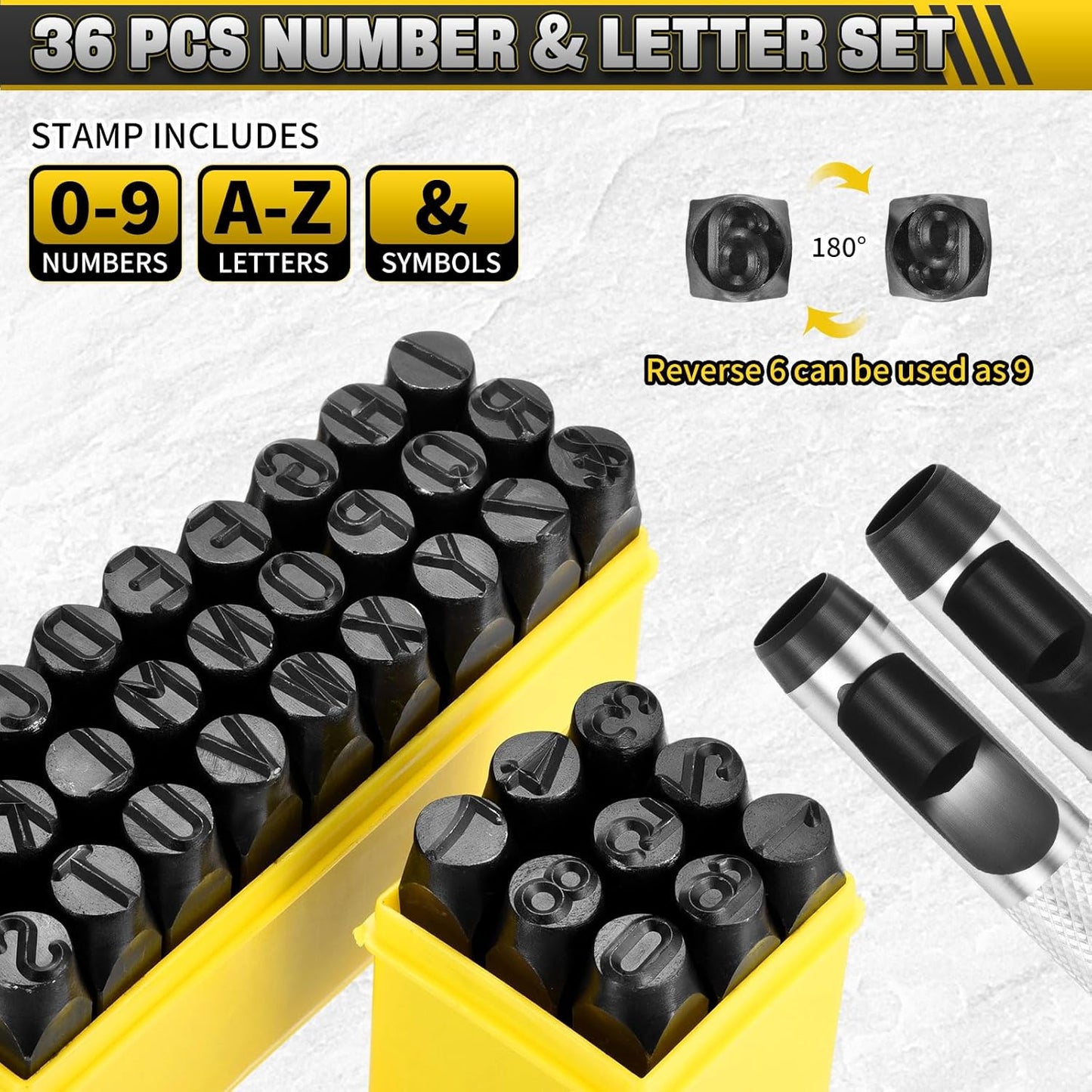 WorkBless 36PCS Metal Stamping Kit, 1/2"(12.5mm) Steel Number and Letter Punch Set, Include A-Z Alphabet, Number 0-8, & Symbol, Stamping Tool for Imprinting Plastic, Wood, Leather, Jewelry