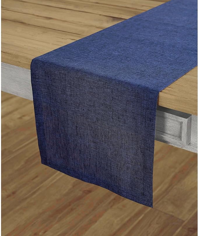 Solino Home Linen Chambray Navy Table Runner 132 Inches Long - Athena, 100% Pure Linen Dining Table Runner 14 x 132 Inch for Winter, Spring