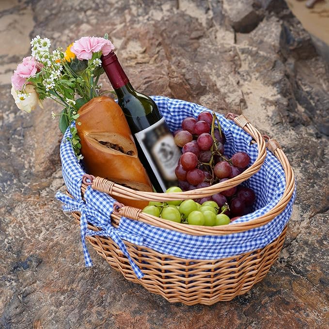 G GOOD GAIN Wicker Picnic Basket with Double Folding Handles,Willow Picnic Hamper,Natural Hand Woven Easter Basket,Easter Eggs and Candy Basket,Bath Storage,Gift Packing Basket.Blue