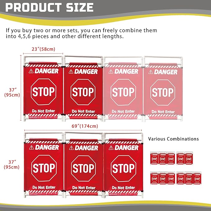 Safety Caution Barricade 2Panels Foldable Security Signs With PVC Tarp Removable Safety Barrier Wet Floor Guard Symbol Clear Printing Safety Fence(Red)