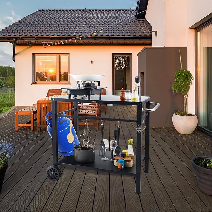 VEVOR Outdoor Grill Cart with Double-Shelf, BBQ Movable Food Prep Table with PVC Placemat, Black Iron Table Top, Portable Modular Carts for Pizza Oven, Worktable with 2 Wheels, Carry Handle