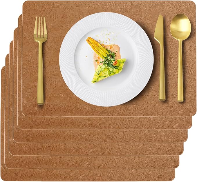 Vinyl Placemats Set of 6 Faux Leather 100% Waterproof Wipeable Washable Place Mats Heat Resistant Easy Clean Non-Slip Table Mats for Indoor Outdoor. (6, Brown)