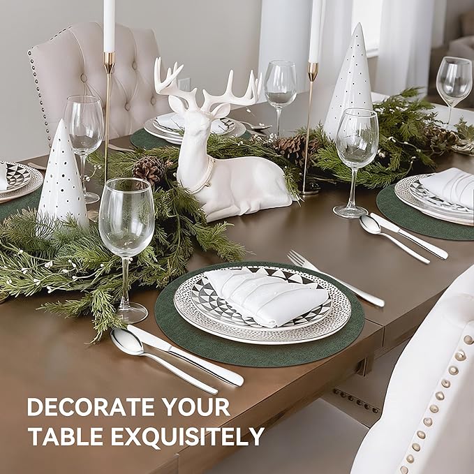 13" Round Placemats Set of 4, Reversible Faux Leather Heat Resistant Table Mats, Waterproof Oilproof Wipeable Table Protective Placemats for Vinyl, Washable for Indoor & Outdoor Use (4, Dark Green)