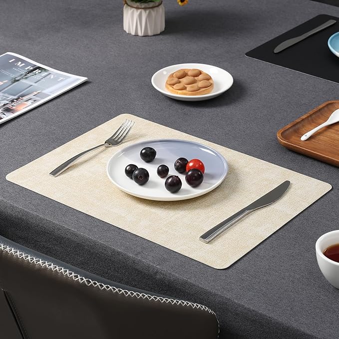 Myir JUN Dual Sided Placemats, Faux Leather Set of 4 for Dining Table Indoor Outdoor, Square Non-Slip Washable Table Mats (Cream-White Black)