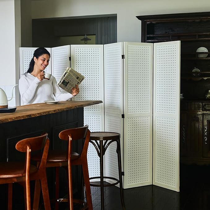 Pegboard Display, 5.6Ft Wooden Room Divider Folding Privacy Screens Portable Freestanding Wall Organizer for Retail Craft Art Display Board (6panels, White)