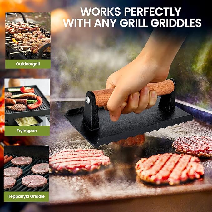 Burger Press, 8.3”X4.3”Rectangle Heavy-Duty Cast Iron Smash Burger Press Griddle Accessories with Heat Resistant Wood Handle for Blackstone Griddle, Ideal for Panini, Steak & Sandwiches