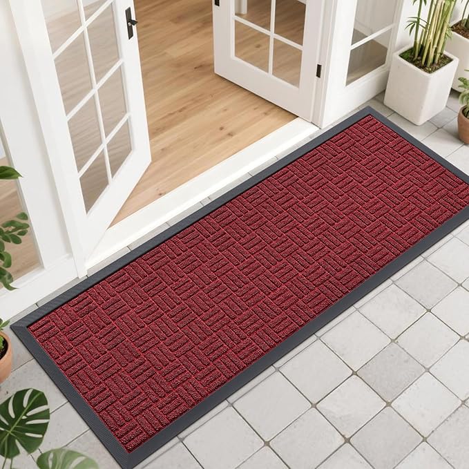 OLANLY Front Door Mat Outside Entrance 47x17, Absorbent, Heavy Duty Sturdy Natural Rubber Doormat Indoor Outdoor, Non-Slip, Stain and Fade Resistant, Low Profile Floor Mat for Entryway, Black Red