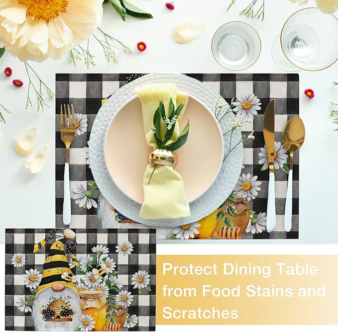 Seliem Spring Bee Gnome Daisy Placemats Set of 4, Honey Black White Buffalo Check Plaid Dining Table Place Mats, Summer Seasonal Farmhouse Kitchen Decor Home Decoration 12 x 18 Inch