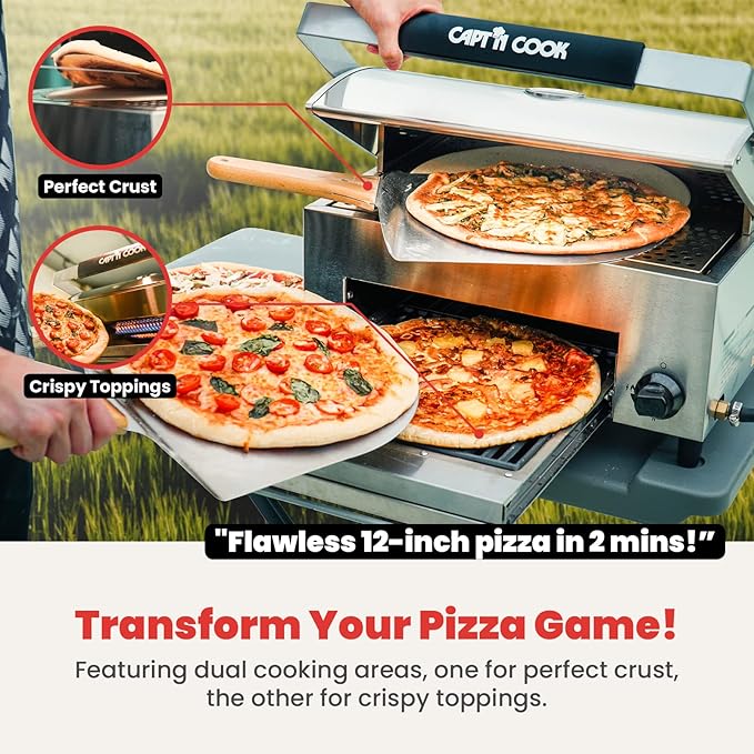 CAPT'N COOK OvenPlus Pizza Oven Outdoor Gas Pizza Oven, Portable Propane Pizza Oven with Double Cooking Deck, Smokeless Outdoor Pizza Maker with Pizza Stone, Cutter and Peel for Backyard BBQ Camping