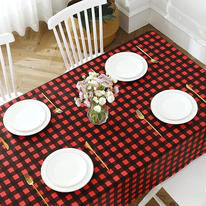 Romanstile Rectangle Vinyl Tablecloth, 100% Waterproof Buffalo Gingham Plastic Table Cloth, Heavy Duty Wipeable Checkered Table Covers for Outdoor, Camping, Picnic, Patio - 54 x 108, Black and Red