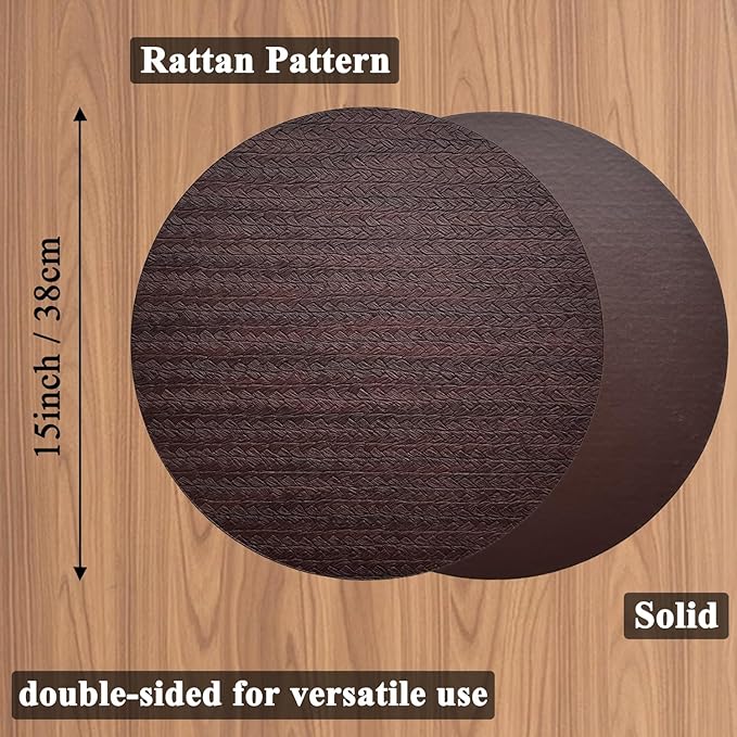 PIGCHCY Round 15" Water-Resistant Placemats Set of 6, Premium Faux Leather Placemats PVC Easy Clean Table Mats for Hotels Outdoor Dining, Wedding Decor (Brown)