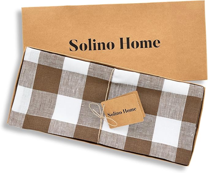 Solino Home Linen Table Runner 48 Inches - 100% Pure Linen Coco Brown and White Buffalo Check Short Table Runner 14 x 48 Inch Ideal for Dresser and Coffee Tables