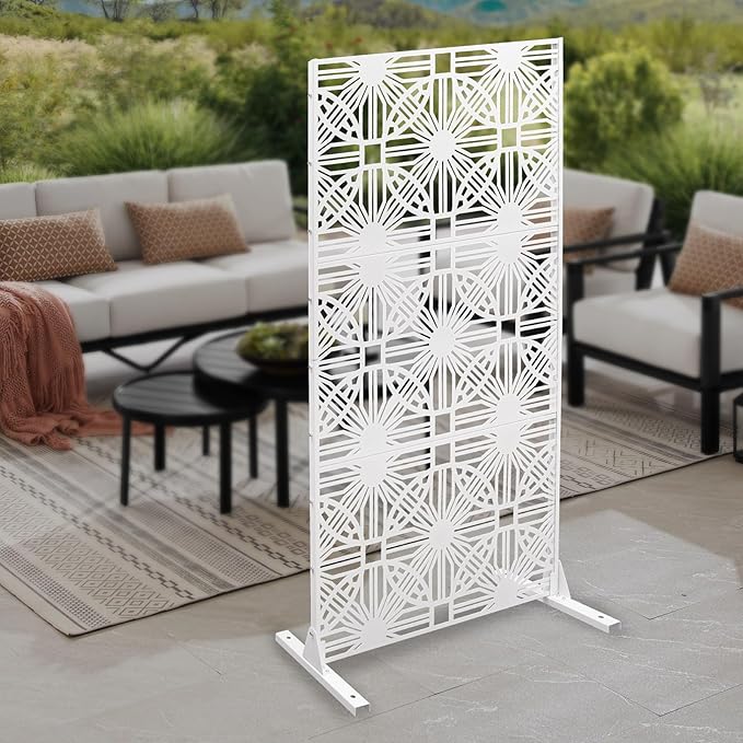 Patio Privacy Screen,Patio Privacy Divider with Stand, Decorative Privacy Fence Screen for Garden Backyard Balcony,Outdoor Decorative Panels for Balconies, Courtyards,Swimming Pools (Flower White)
