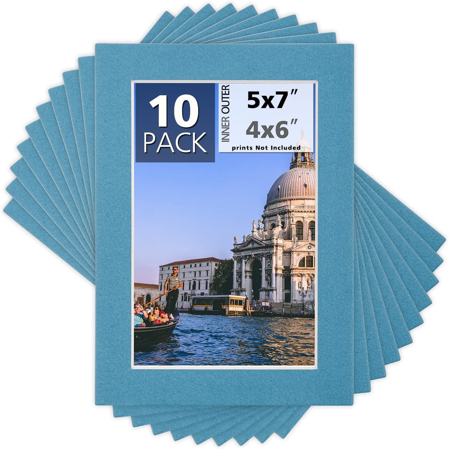 Mat Board Center, Pack of 10, 5x7 for 4x6 Dynamic Blue Color Mats - Bevel Cut, Acid Free, 4-ply Thickness, White Core - for Pictures, Photos, Framing