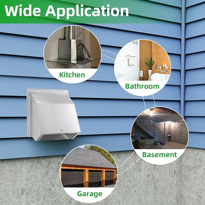 10 Inch Hooded Wall Vent with Screen and Damper, Exterior Wall Exhaust Vent Cover Cap for Kitchen Range Hood Dryer Ventilation and Outdoor Air Exhaust, Stainless Steel