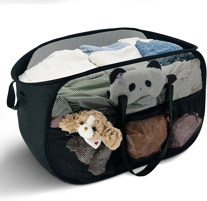 100L Extra Large Mesh Pop Up Hamper with Handles and bag, Upgraded Cationic XL Collapsible Laundry Baskets, Portable Stair Basket, Dirty Clothes Hamper for Cruise Travel Bedroom. Black