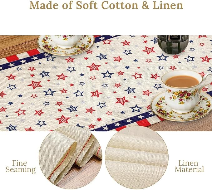 4th of July Table Runner, America Memorial Day Independence Day Stripe Stars Patriotic Table Runner for Home Kitchen Dining Indoor Holiday Farmhouse 13x70in