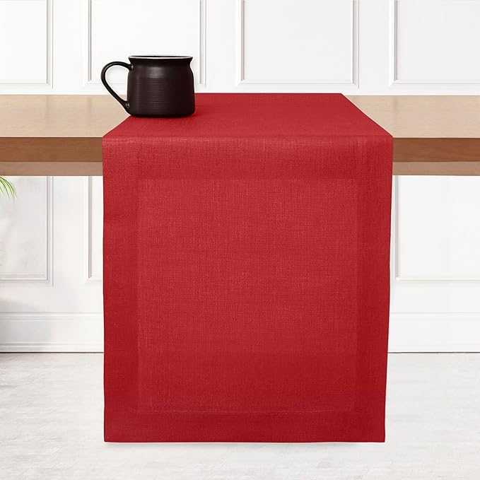 D'Moksha Homes Linen Table Runner 36 Inches - 100% Pure Linen Bright Red Small Table Runner 14 x 36 Inch for Dresser, Coffee Tables, Valentines, Holiday - Machine Washable