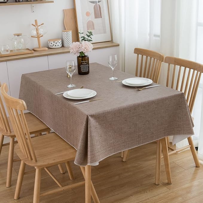 LIBERECOO Vinyl Tablecloth with Flannel Backing, Flaxen, Waterproof, Stain-Resistant, Easy-Clean Table Cover for Dining, Kitchen, and Outdoor Use, 60" x 102" Rectangle