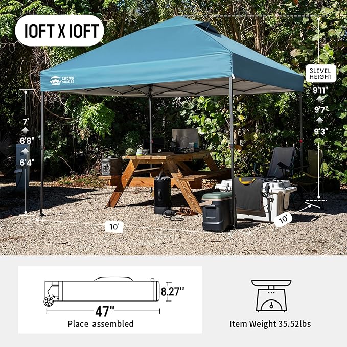 CROWN SHADES 10x10 Pop Up Canopy Tent - Patented Center Lock One Push Instant Outdoor Canopy Beach Tent with STO-N-Go Bag 8 Stakes & 4 Sand Bags，Cyan Blue