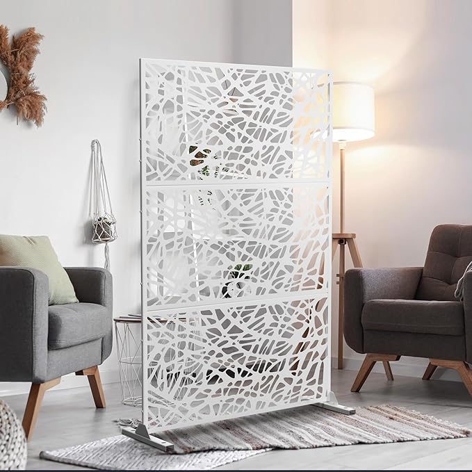 Metal Privacy Screen Outdoor 72" H×47" W,Freestanding Decorative Privacy Screen for Balcony Yard&Garden,Privacy Fence-White&Net