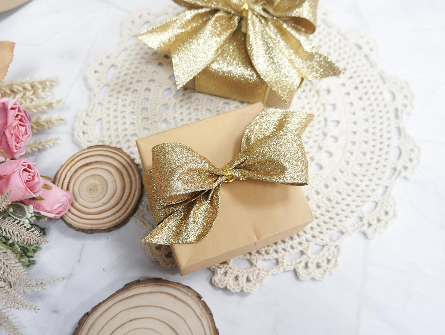 CT CRAFT LLC Glitter Wired Ribbon 1.5" x 20 Yards Light Gold for Christmas Home Decor Bow Gift Wrapping DIY Crafts Wreath
