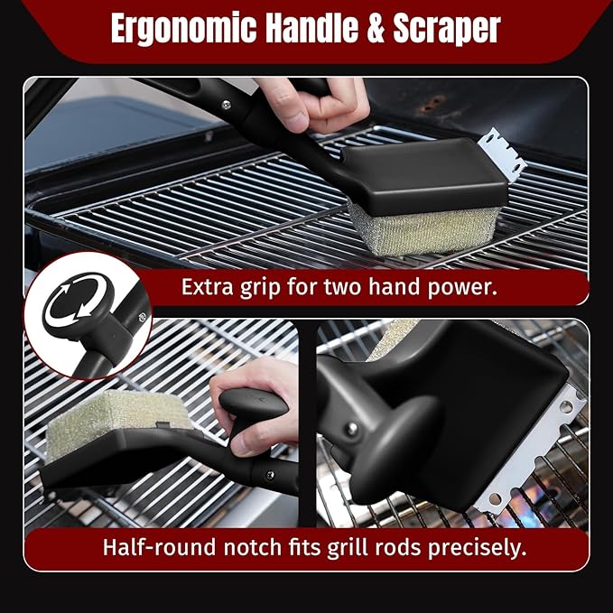 SHINESTAR Steam Grill Brush Bristle Free - Replaceable Cleaning Head with Unique Seamless-Fit Scraper, Durable Safe BBQ Cleaner for Cast Iron, Stainless-Steel & Various Grill Grate Types-Black