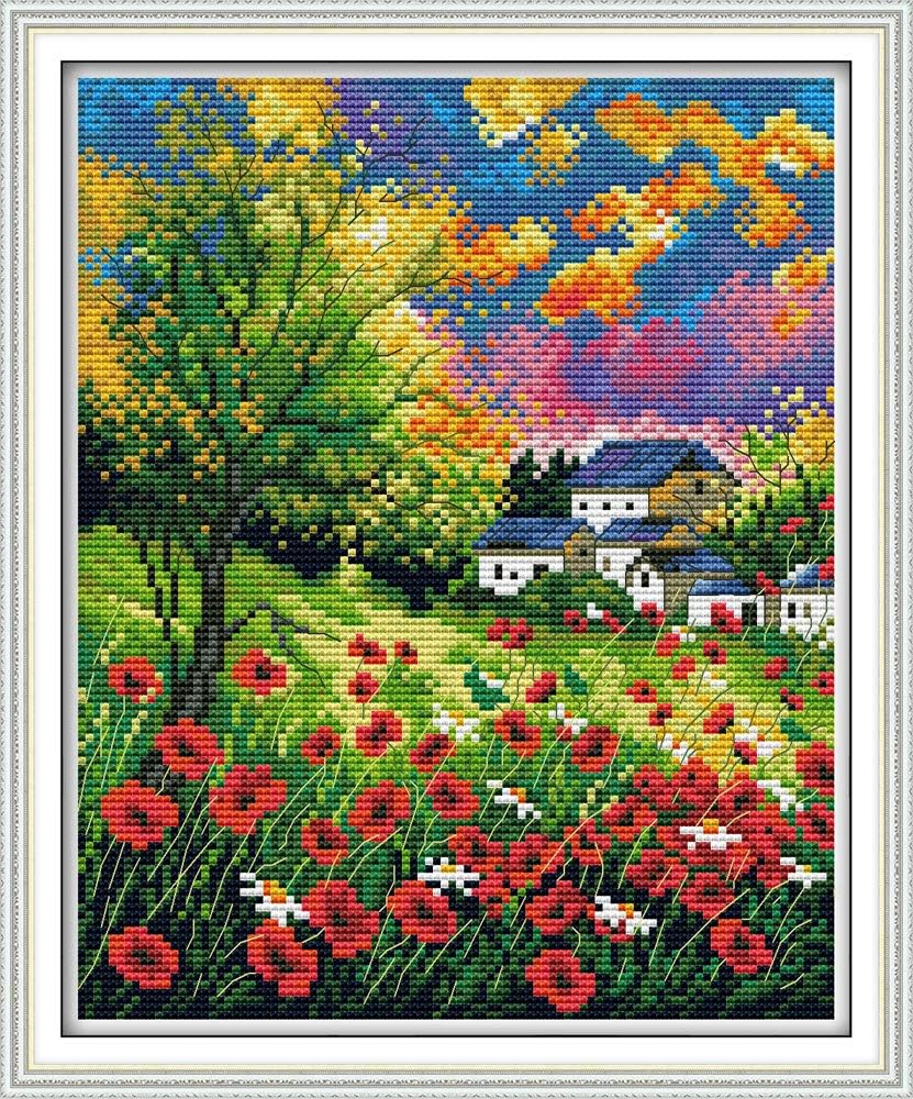 Maydiyer 11CT Stamped Cross Stitch Kits Pre-Printed Embroidery Kit Flowers Pattern for Girls Needlework Sets-Beautiful Flowers (1) 13×15 inch