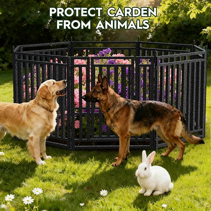 Garden Fence 32in (H) x 18ft (L), 7 Panels + 1 Gate, Durable Outdoor Yard Barrier, Secure Garden Fencing Weather-Resistant Fence Ideal for Pets, Privacy & Decoration, Black Silver