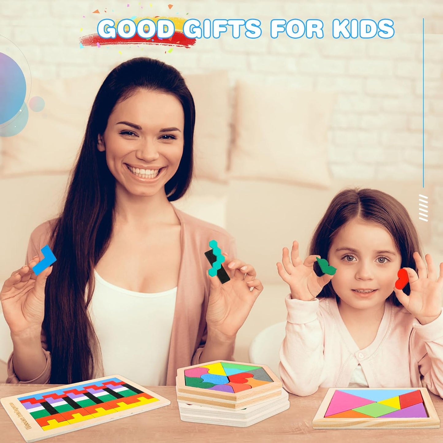 7 Pack Wooden Tangrams Puzzle Set Wooden Hexagon Puzzles Wood Russian Blocks Geometric Block Brain Teaser for Kids Adults 3D Logic Intelligence IQ Game Gift